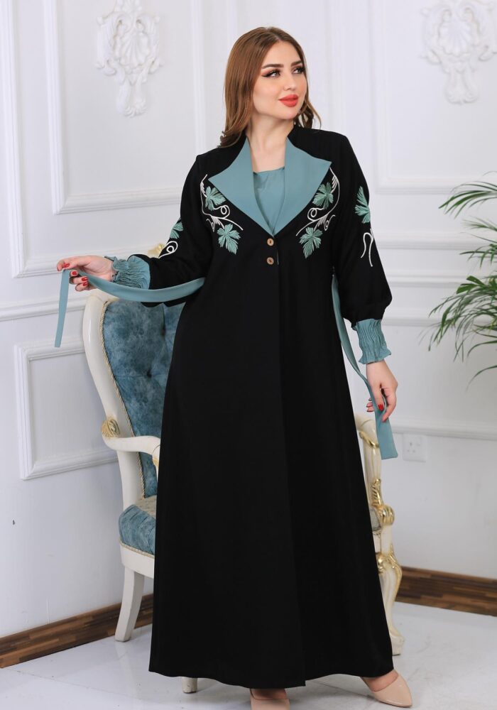 عبايه ملكيه كلاسيكيه انيقه، حزام فستان تطريز مكنيه كم مطاط خفيف