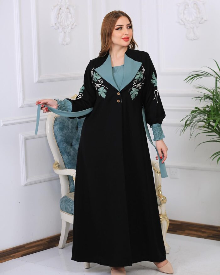 عبايه ملكيه كلاسيكيه انيقه، حزام فستان تطريز مكنيه كم مطاط خفيف