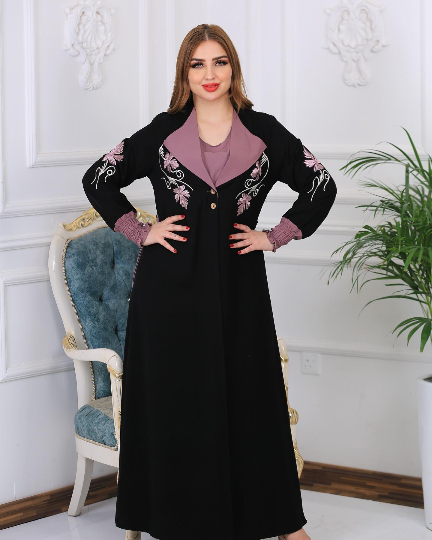 عبايه ملكيه كلاسيكيه انيقه، حزام فستان تطريز مكنيه كم مطاط خفيف