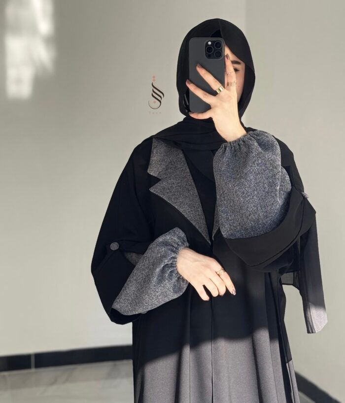 عبايه ملكي ملكي ساده أنيقه كم رمادي غامق قلاب