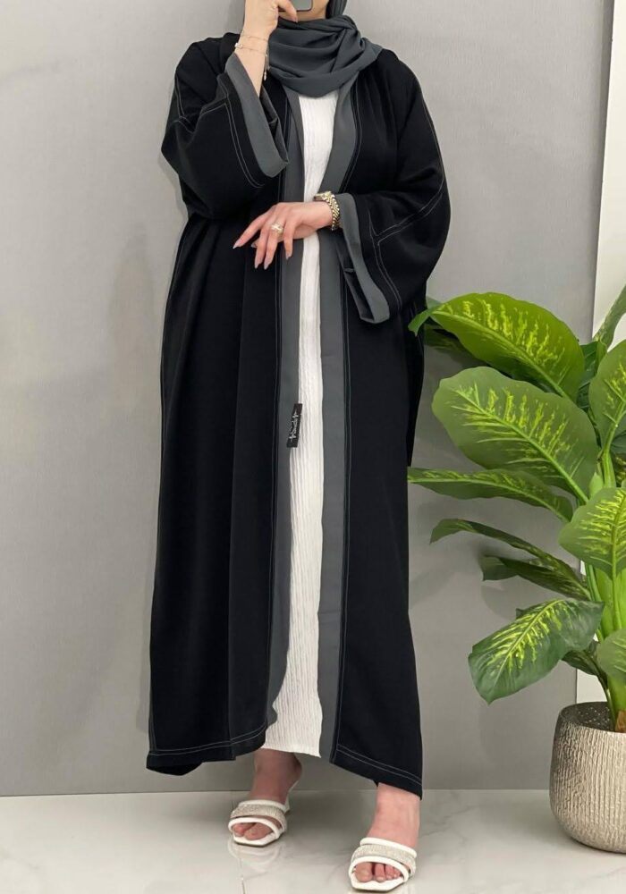 عبايه ملكي نص بشت صيفه تحديد رمادي غامق العبايه لف