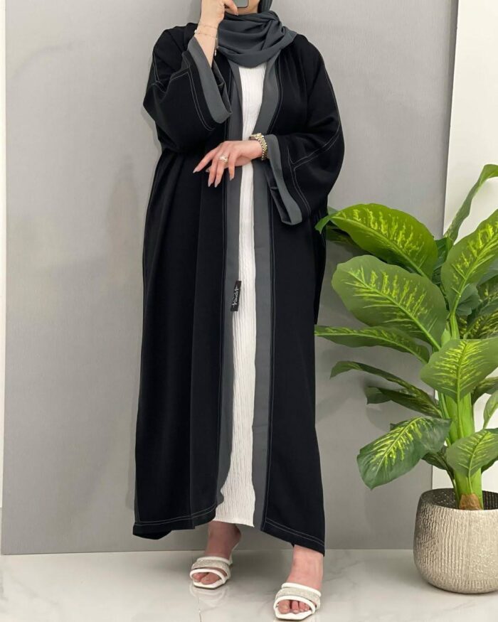 عبايه ملكي نص بشت صيفه تحديد رمادي غامق العبايه لف