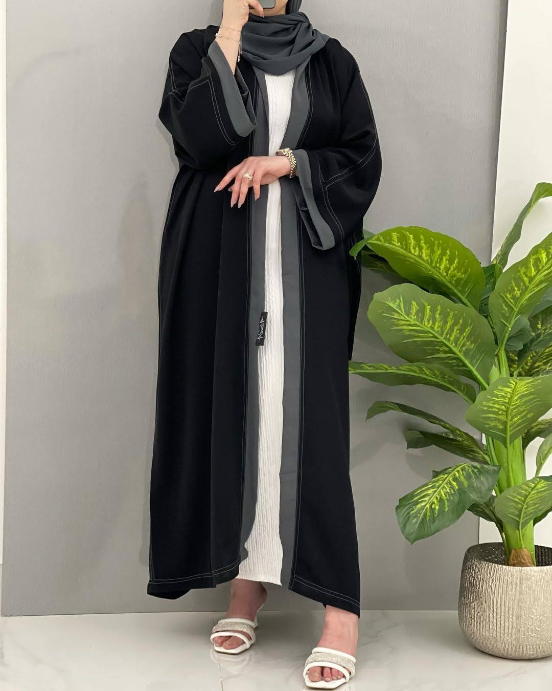 عبايه ملكي نص بشت صيفه تحديد رمادي غامق العبايه لف