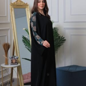 عبايه ملكيه كلاسيكيه انيقه، حزام فستان تطريز مكنيه كم مطاط خفيف